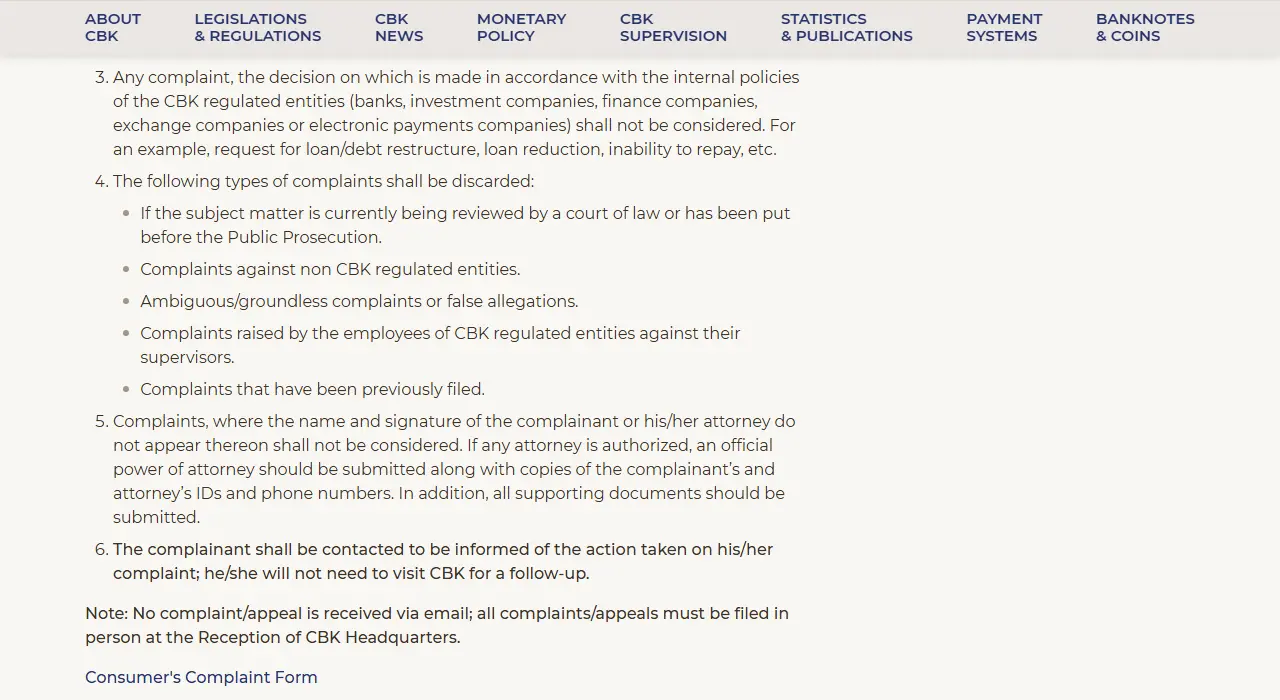 CBK को उपभोक्ता उजुरी निर्देशिका पृष्ठ, तल "No complaint/appeal is received via email; all complaints/appeals must be filed in person at the Reception of CBK Headquarters" भन्ने टिप्पणी