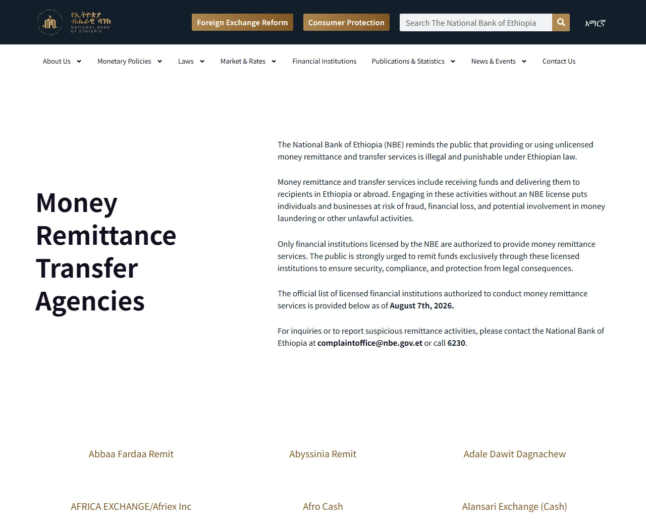 የNBE የMoney Remittance Transfer Agencies ገጽ፦ ፈቃድ የሌለው የሀዋላ አገልግሎት በሕግ የሚያስቀጣ መሆኑን የሚገልጽ ማስጠንቀቂያ፣ ዝርዝሩ as of August 7th, 2026 መሆኑ፣ complaintoffice@nbe.gov.et እና 6230፣ ከታች የዝርዝሩ መጀመሪያ ክፍል