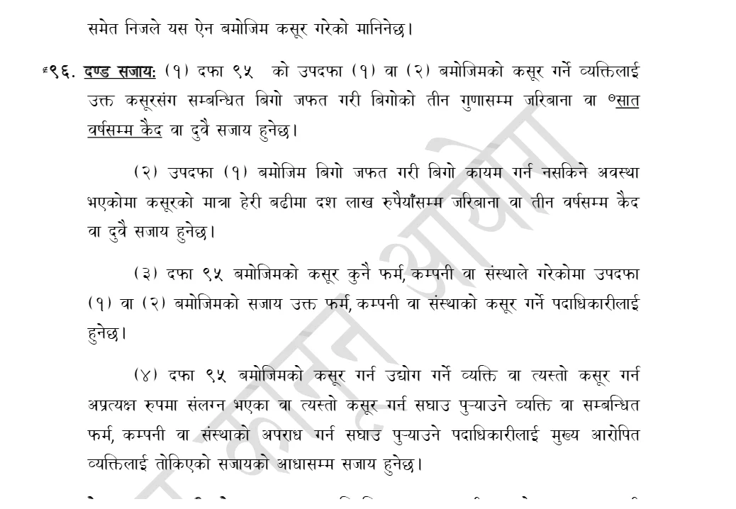 नेपाल राष्ट्र बैङ्क ऐन, २०५८ को दफा ९६ — बिगोको तीन गुणासम्म जरिबाना वा सात वर्षसम्म कैदको व्यवस्था