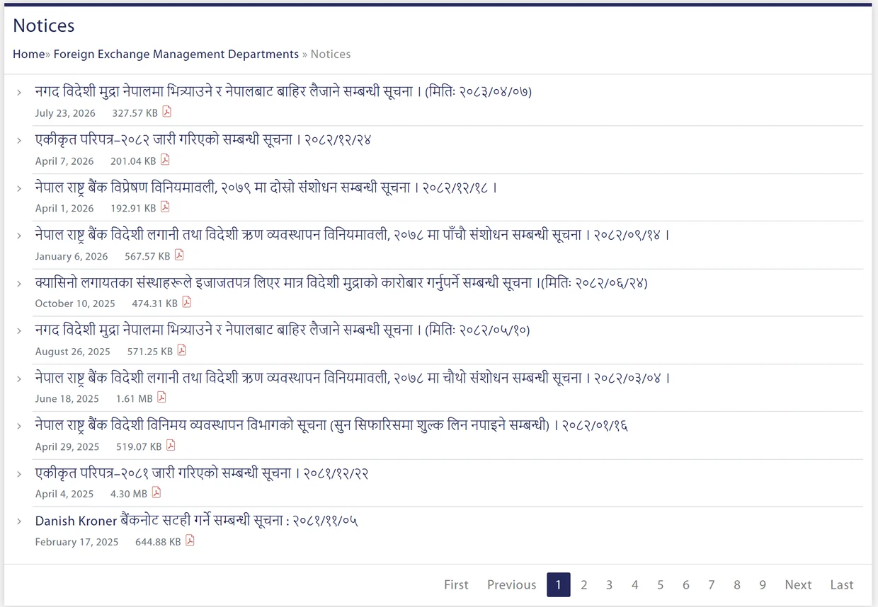 NRB विदेशी विनिमय व्यवस्थापन विभागको Notices सूची, २०८३/०४/०७ र खारेज भएको २०८२/०५/१० का प्रविष्टि सहित