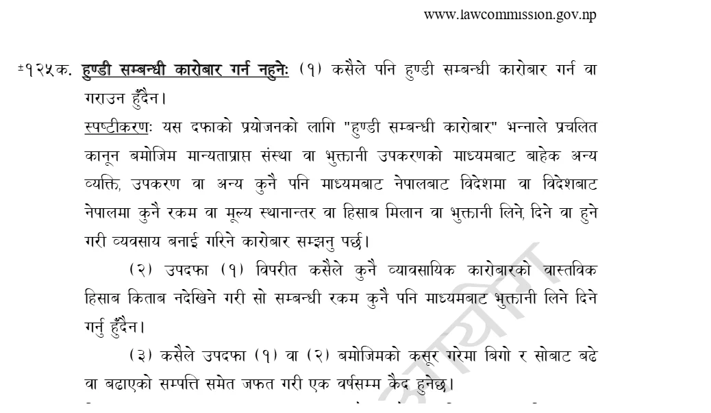 मुलुकी अपराध संहिता, २०७४ को दफा १२५क. — हुण्डी सम्बन्धी कारोबारको परिभाषा र एक वर्षसम्म कैदको व्यवस्था