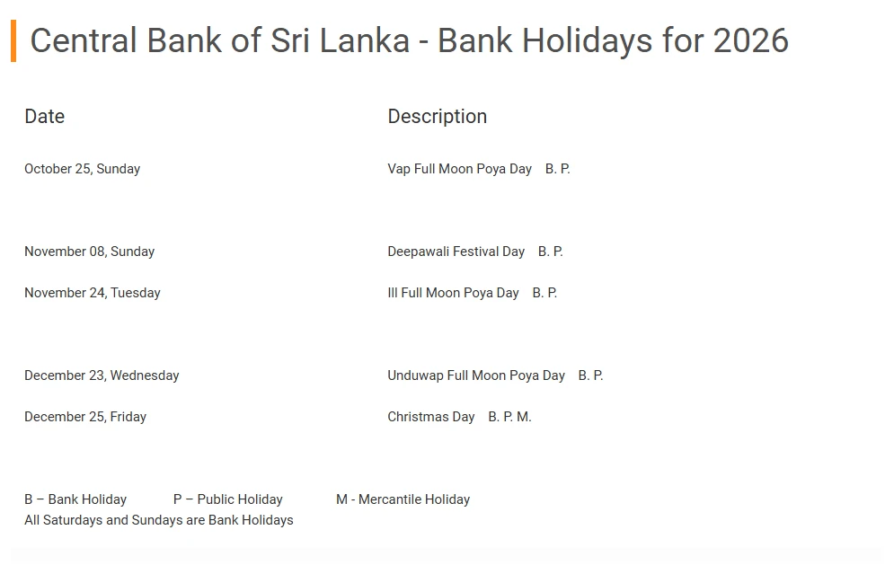 CBSL 2026 බැංකු නිවාඩු ලැයිස්තුවේ ඔක්තෝබර්–දෙසැම්බර් කොටස