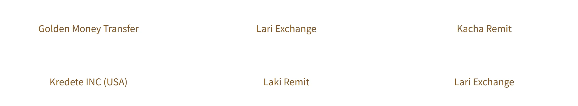 የNBE ዝርዝር ክፍል፤ Lari Exchange በሁለት የተለያዩ ሳጥኖች ተደግሞ ይታያል፣ ከጎኑ Kredete INC (USA) ይገኛል