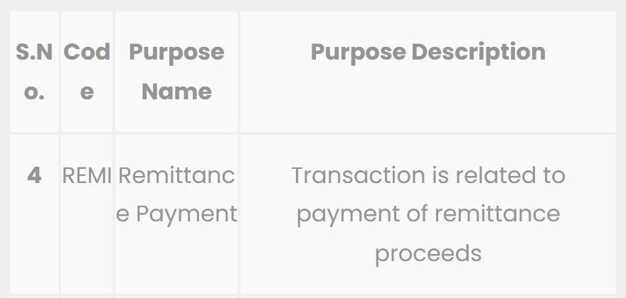 NCHL-IPS को आधिकारिक purpose तालिकाको शीर्षक पङ्क्ति र क्रम ४: Code स्तम्भमा REMI, Purpose Name मा Remittance Payment र विवरणमा "Transaction is related to payment of remittance proceeds" लेखिएको स्क्रिनसट