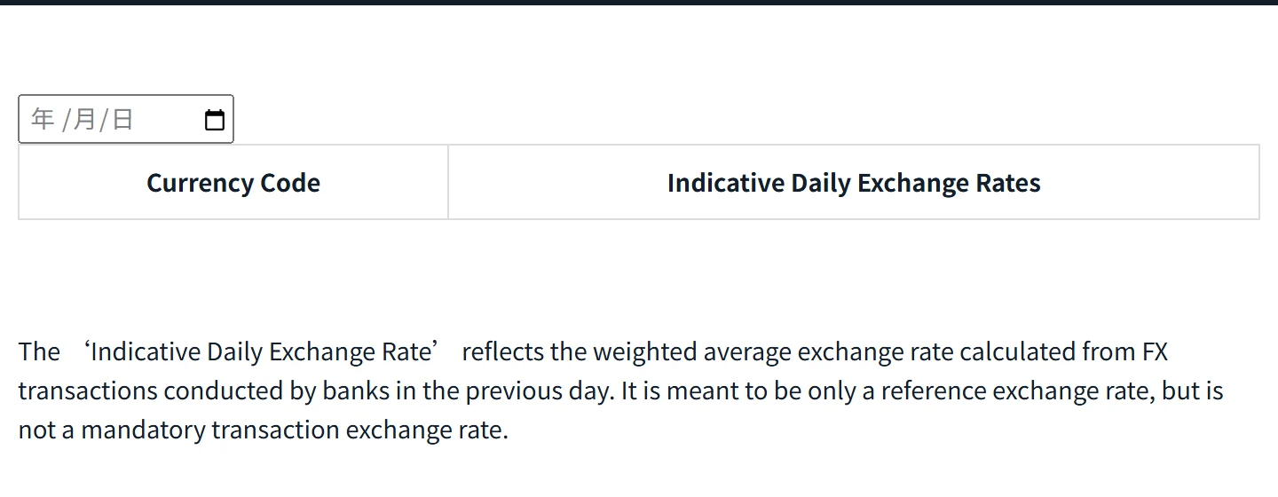 የNBE Daily Indicative Exchange Rates ገጽ፦ ቀን ያልተመረጠበት ባዶ የCurrency Code / Indicative Daily Exchange Rates ሰንጠረዥ፣ ከሥሩ አመላካች ተመን ማነጻጸሪያ እንጂ ግዴታ አለመሆኑን የሚገልጽ የእንግሊዝኛ ማብራሪያ