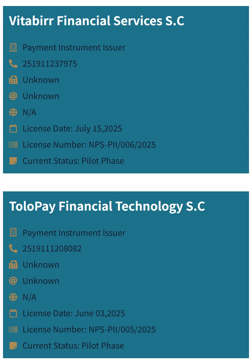 የNBE መዝገብ ክፍል፤ Vitabirr Financial Services እና ToloPay Financial Technology ሁለቱም Current Status Pilot Phase ተብለው ይታያሉ