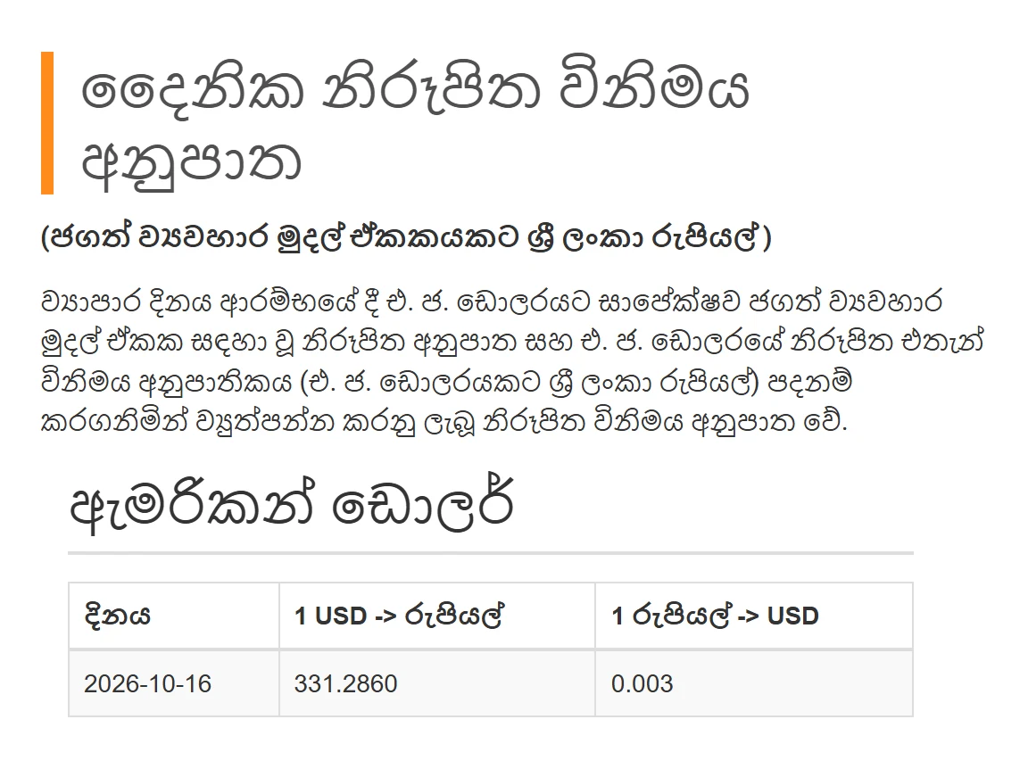 අද ඩොලර් අනුපාතය කියවන හැටි: CBSL නිරූපිත අනුපාතය සහ බැංකු ගැනුම් අනුපාතය අතර වෙනස