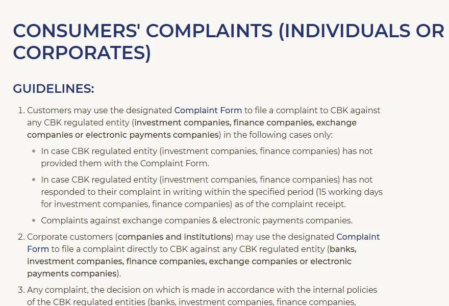 CBK Consumers' Complaints පිටුවේ Guidelines කොටස: exchange සමාගම් හා electronic payments සමාගම්වලට එරෙහි පැමිණිලි කෙළින්ම CBK වෙත ඉදිරිපත් කළ හැකි බව දක්වා ඇත