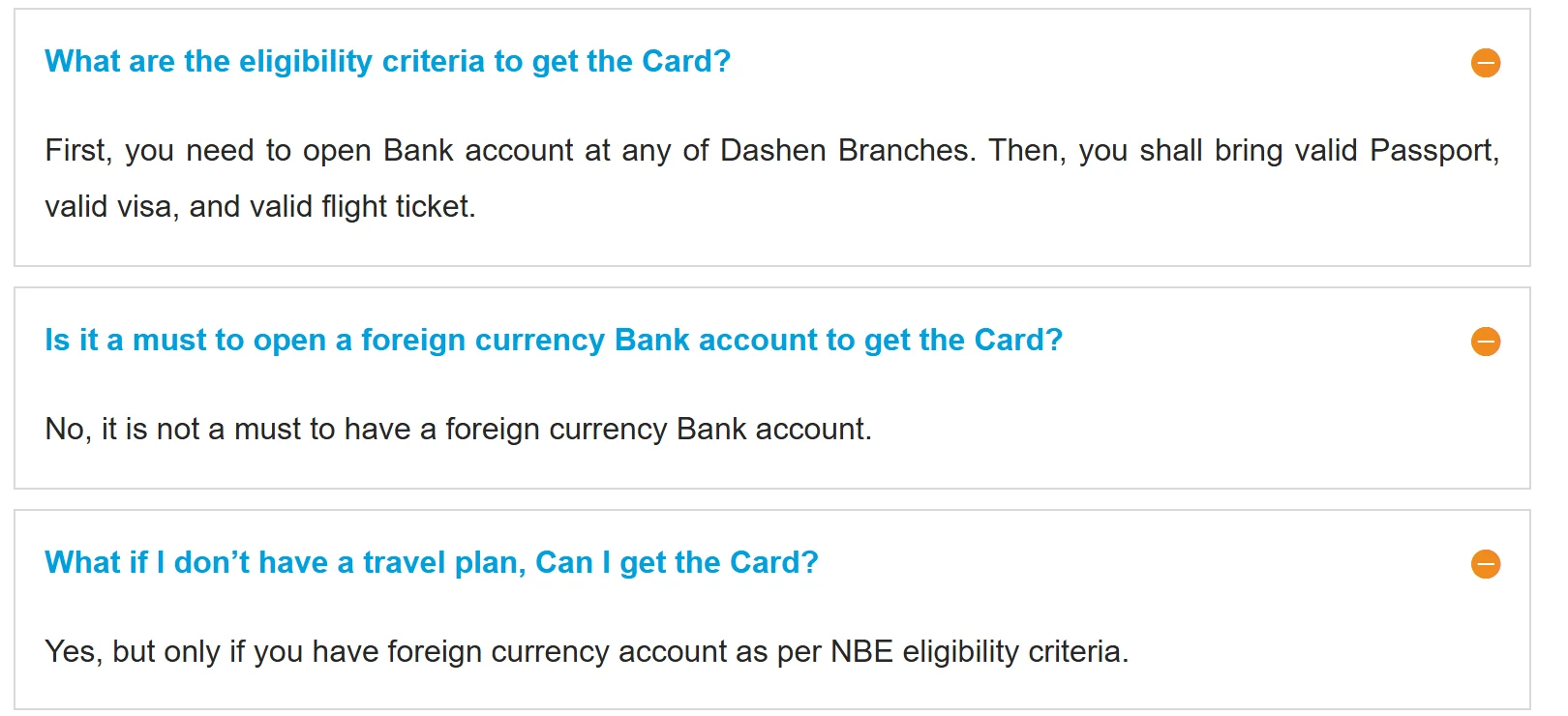 የDashen Bank የካርድ ገጽ፦ ፓስፖርት፣ ቪዛና ትኬት እንደሚጠየቅ እና የጉዞ ዕቅድ ለሌለው የFCY ሒሳብ እንደሚያስፈልግ የሚገልጹ ሦስት መልሶች