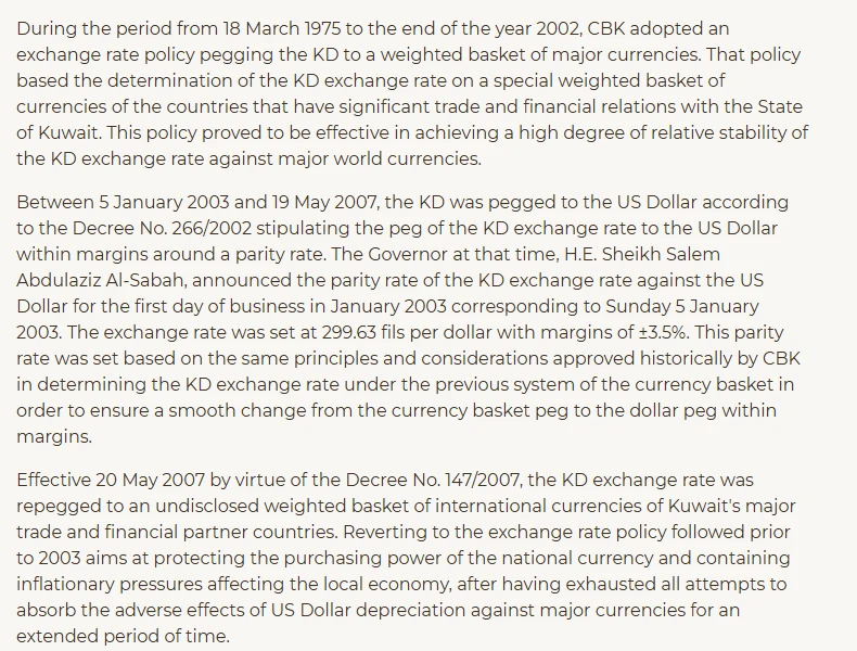 CBK Exchange Rate Policy පිටුවේ ඡේද: 1975–2002 මුදල් කූඩය, 2003–2007 ඩොලර් බැඳීම, සහ 2007 මැයි 20 සිට Decree No. 147/2007 යටතේ undisclosed weighted basket එකට නැවත බැඳීම