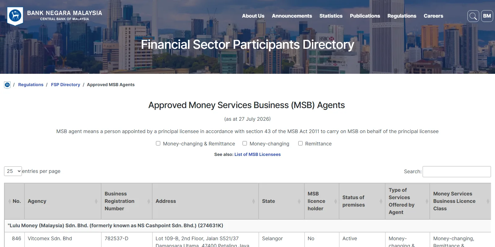 Bank Negara Malaysia को ‘Approved Money Services Business (MSB) Agents (as at 27 July 2026)’ पृष्ठ: section 43 अन्तर्गत MSB agent को परिभाषा, Money-changing & Remittance / Money-changing / Remittance छान्ने checkbox, Search box र ‘Type of Services Offered by Agent’ स्तम्भ देखिएको स्क्रिनसट