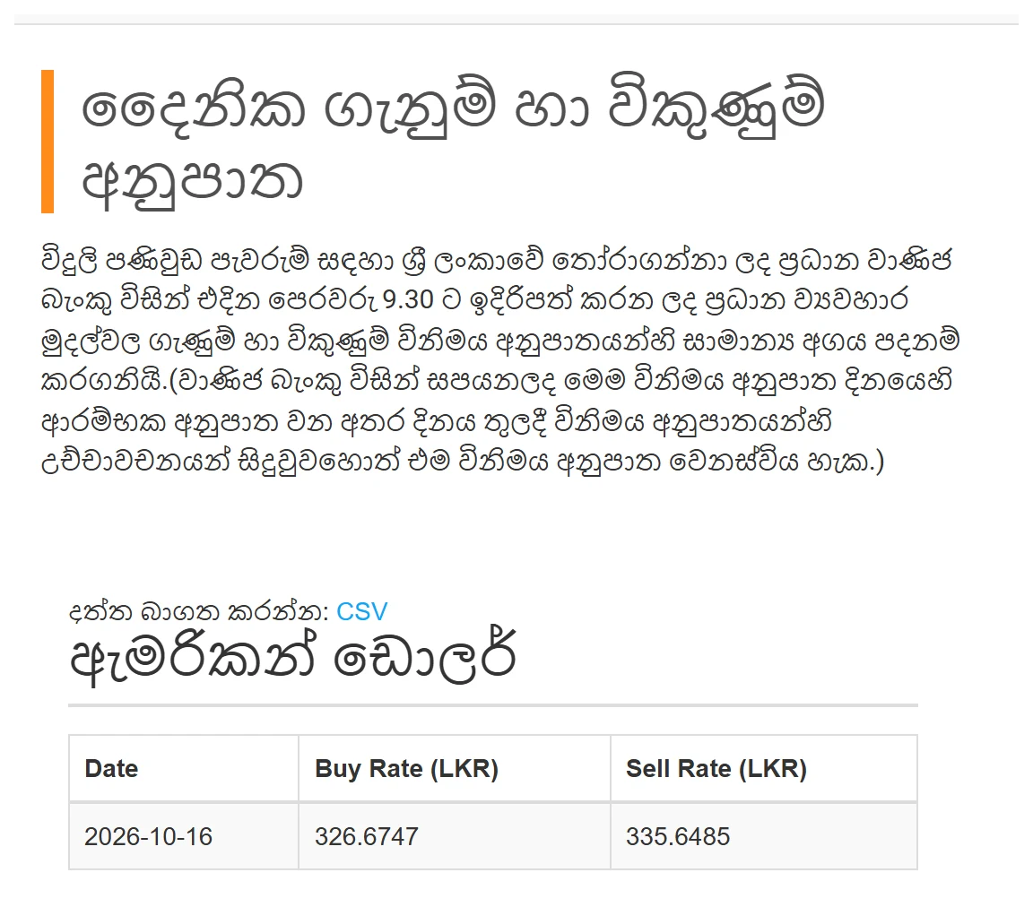 CBSL දෛනික ගැනුම් හා විකුණුම් අනුපාත වගුව: 2026-10-16 දින USD ගැනුම් 326.6747, විකුණුම් 335.6485