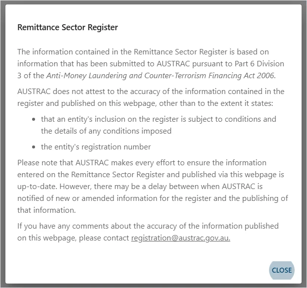 AUSTRAC को About this register पपअप, जसमा रजिस्टरको आधार AML/CTF Act 2006 को Part 6 Division 3 भएको र AUSTRAC ले कुन दुई कुरा मात्र प्रमाणित गर्ने भनेर लेखिएको छ