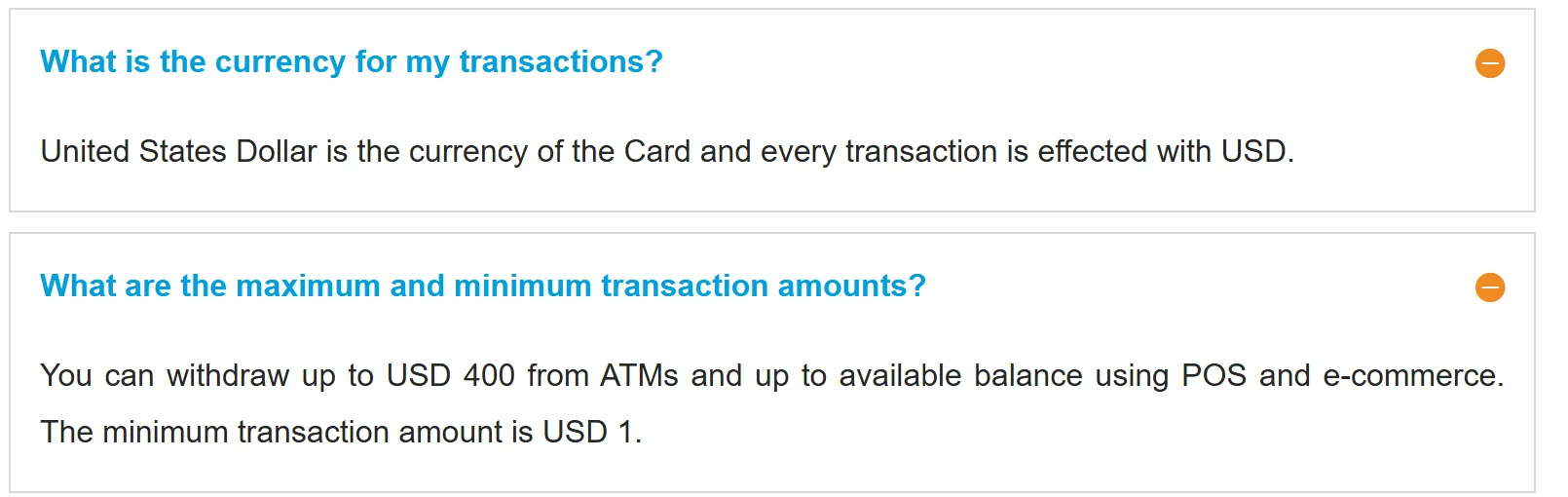 የDashen ገጽ፦ የካርዱ የግብይት ገንዘብ USD መሆኑና ከATM እስከ USD 400 መውጣት እንደሚቻል የሚያሳዩ ሁለት መልሶች