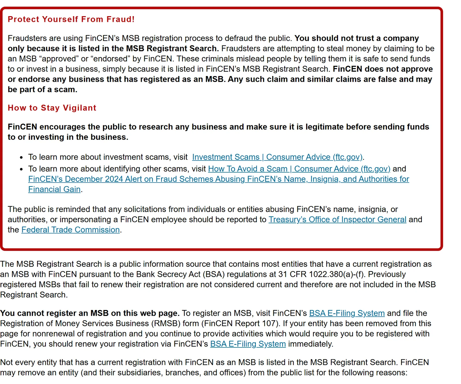 FinCEN को MSB Registrant Search पृष्ठमा रातो घेराभित्रको "Protect Yourself From Fraud!" चेतावनी, जसमा सूचीमा भएकै आधारमा कम्पनीलाई विश्वास नगर्न र FinCEN ले कुनै व्यवसायलाई अनुमोदन नगर्ने कुरा लेखिएको छ