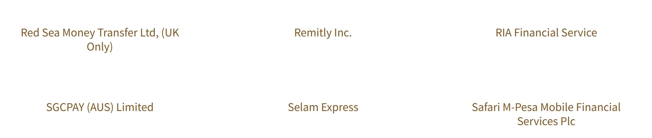 የNBE ዝርዝር ክፍል፤ Red Sea Money Transfer Ltd, (UK Only) እና SGCPAY (AUS) Limited የተባሉት ስሞች ከRemitly Inc. እና RIA Financial Service ጎን ይታያሉ